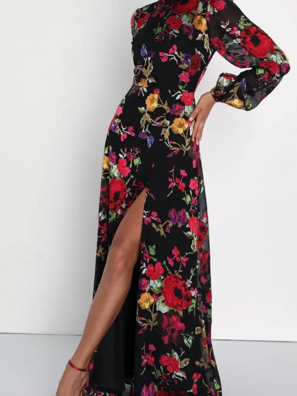 Lulus Black Floral Maxi Dress with Side Slit